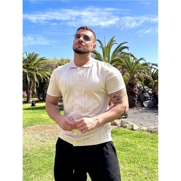 Men's Knit Button Down Shirt Vintage Short Sleeve Polo Shirts Casual - Picture 3 of 7